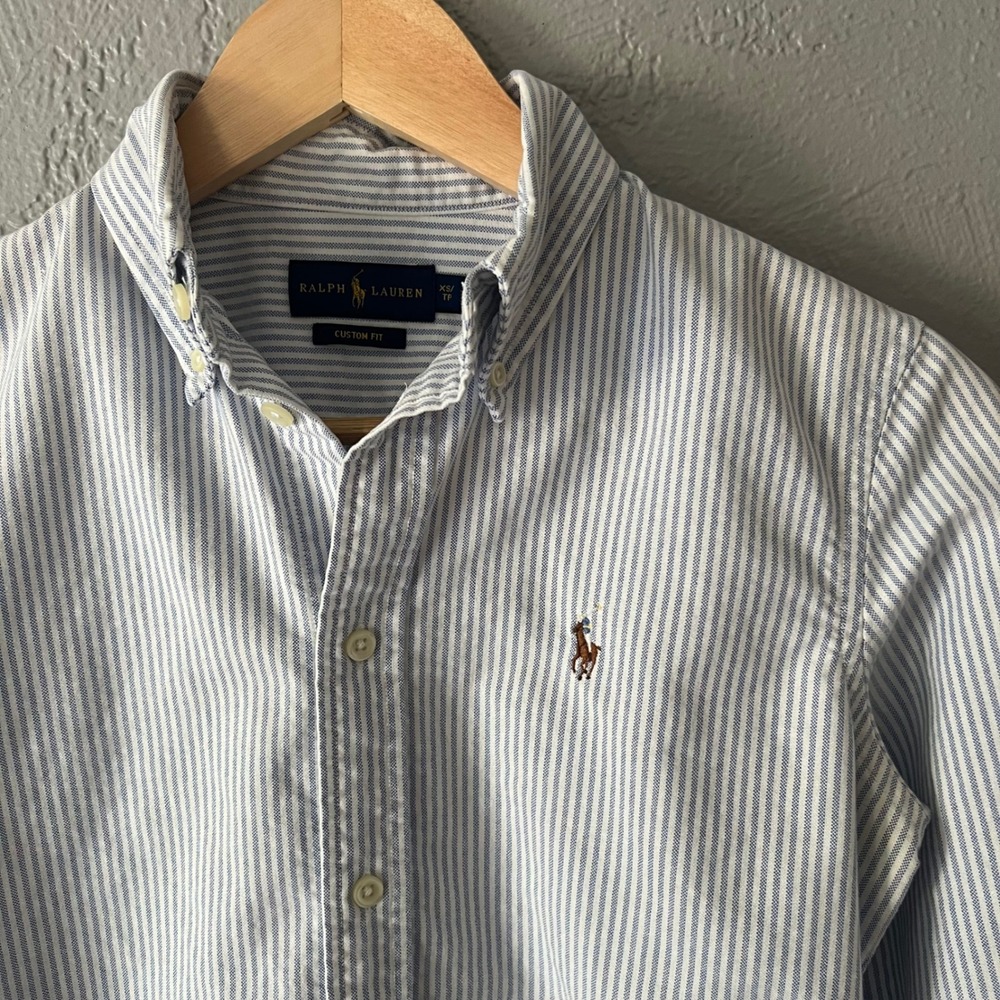 Ralph Lauren Womens XS Custom Fit Blue White Striped Cotton Oxford Shirt Pony